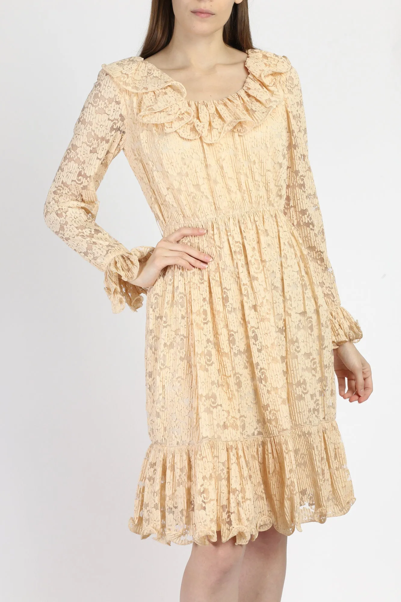 60s 70s Jack Bryan Peach Lace Ruffle Mini Dress - Extra Small