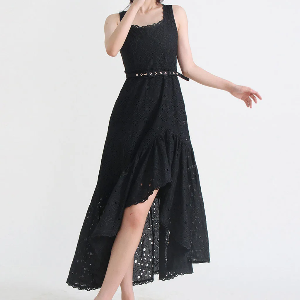 Bohemian Floral Broderie Anglaise Asymmetric Hem Square Neck Belted Midi Sundress