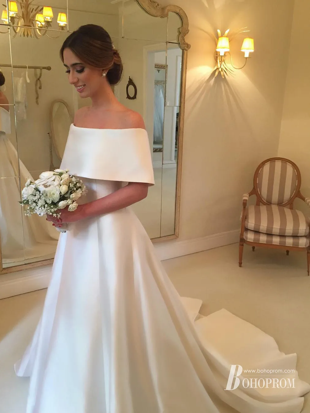 Chic Satin Off-the-shoulder A-line Wedding Dresses With Sweep Train WD214