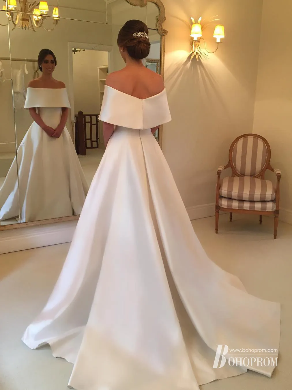 Chic Satin Off-the-shoulder A-line Wedding Dresses With Sweep Train WD214
