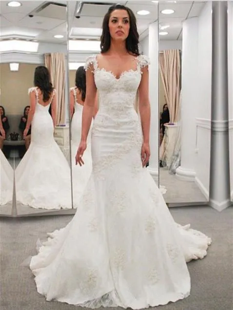 Chic Tulle Cap Sleeves Chapel Train Mermaid Wedding Dresses With Appliques WD089