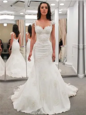 Chic Tulle Cap Sleeves Chapel Train Mermaid Wedding Dresses With Appliques WD089