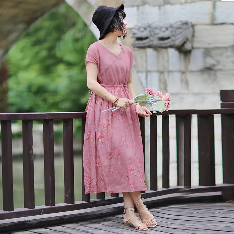 Pink Linen Women Dresses Summer Women Dresses /1818
