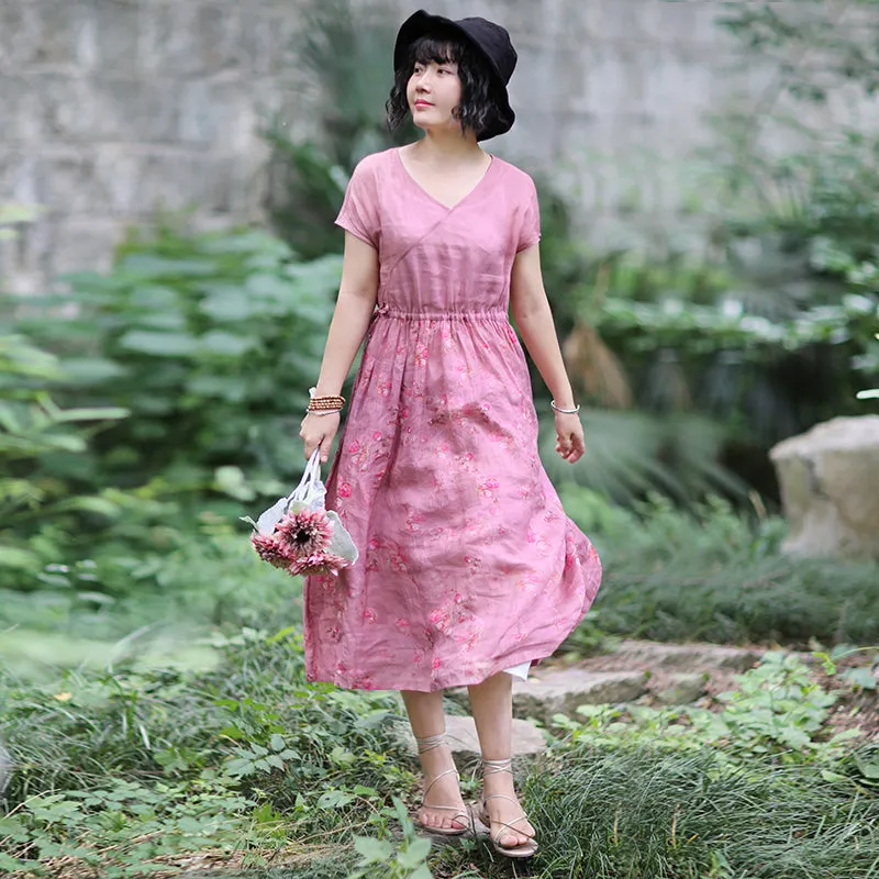 Pink Linen Women Dresses Summer Women Dresses /1818