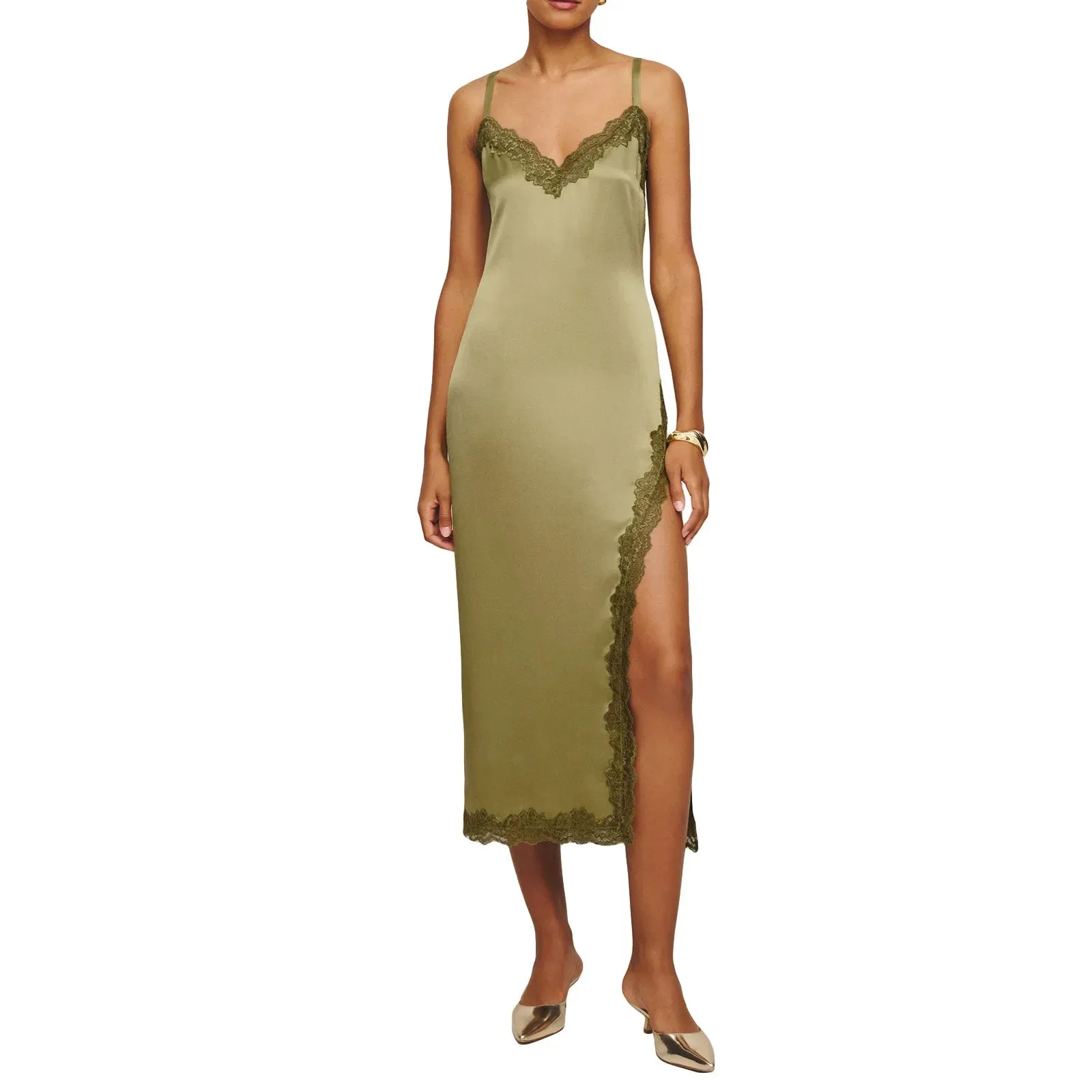 V Neck Silk Lace Patchwork Sleeveless Backless Split Summer Sexy Dress