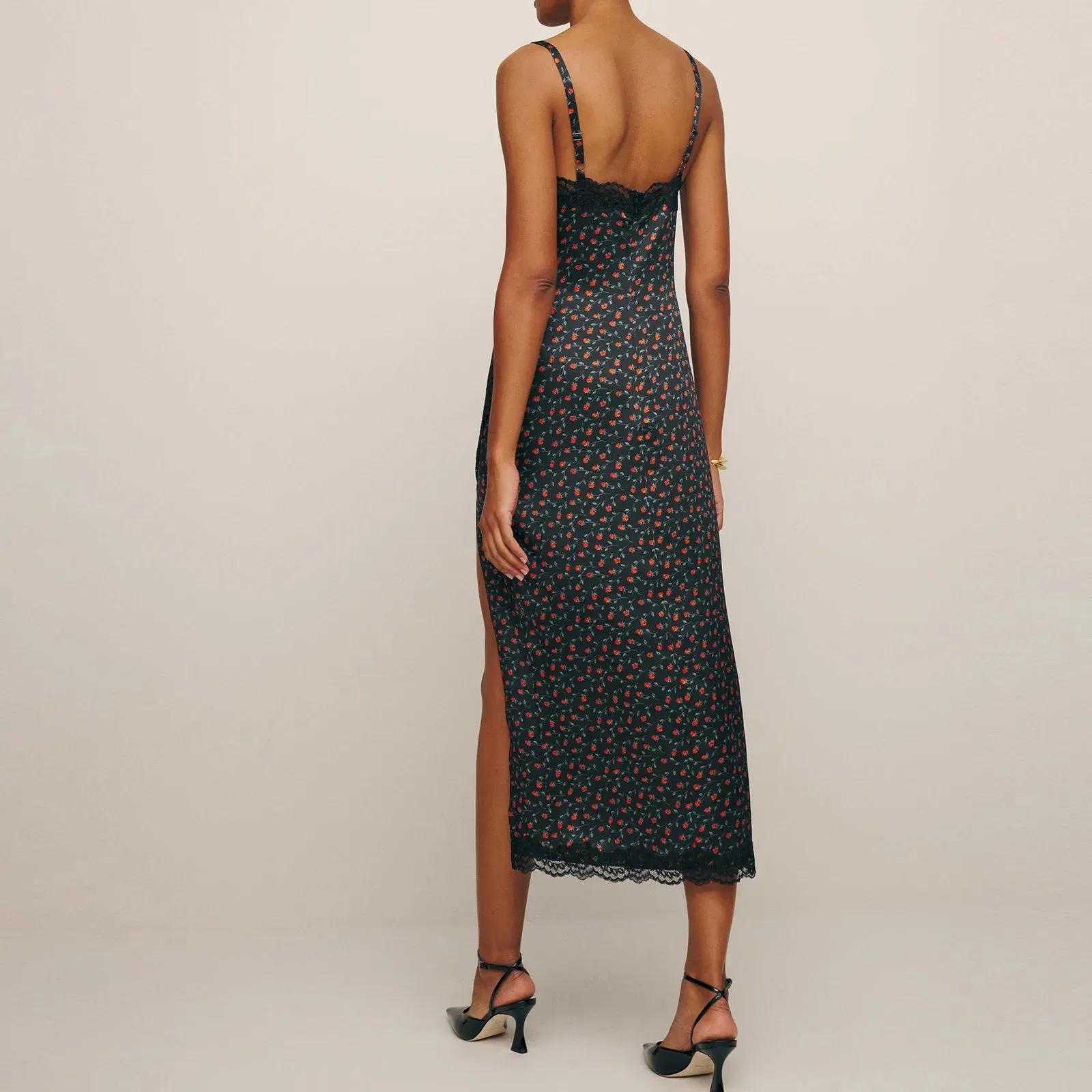 V Neck Silk Lace Patchwork Sleeveless Backless Split Summer Sexy Dress
