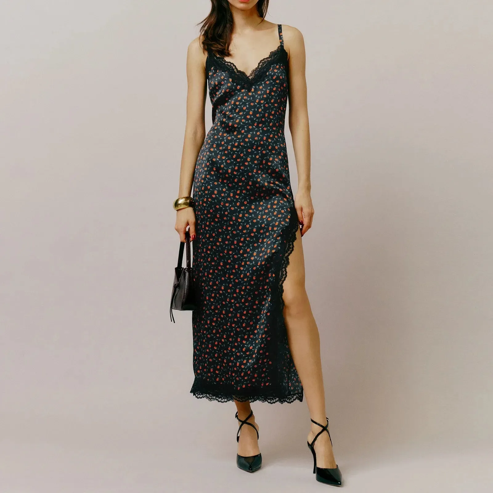 V Neck Silk Lace Patchwork Sleeveless Backless Split Summer Sexy Dress