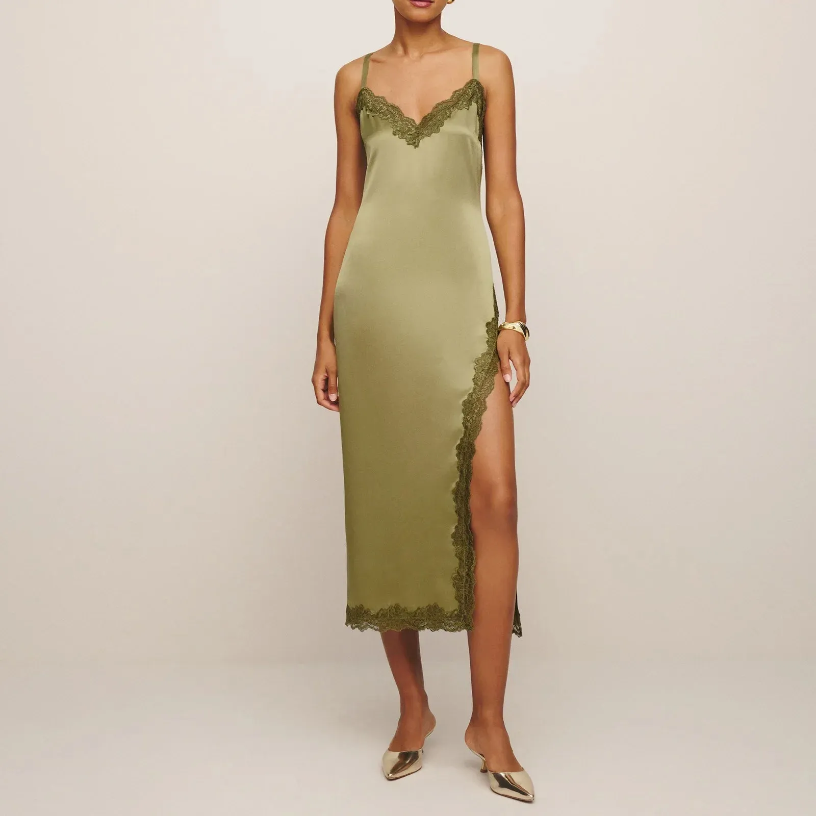 V Neck Silk Lace Patchwork Sleeveless Backless Split Summer Sexy Dress