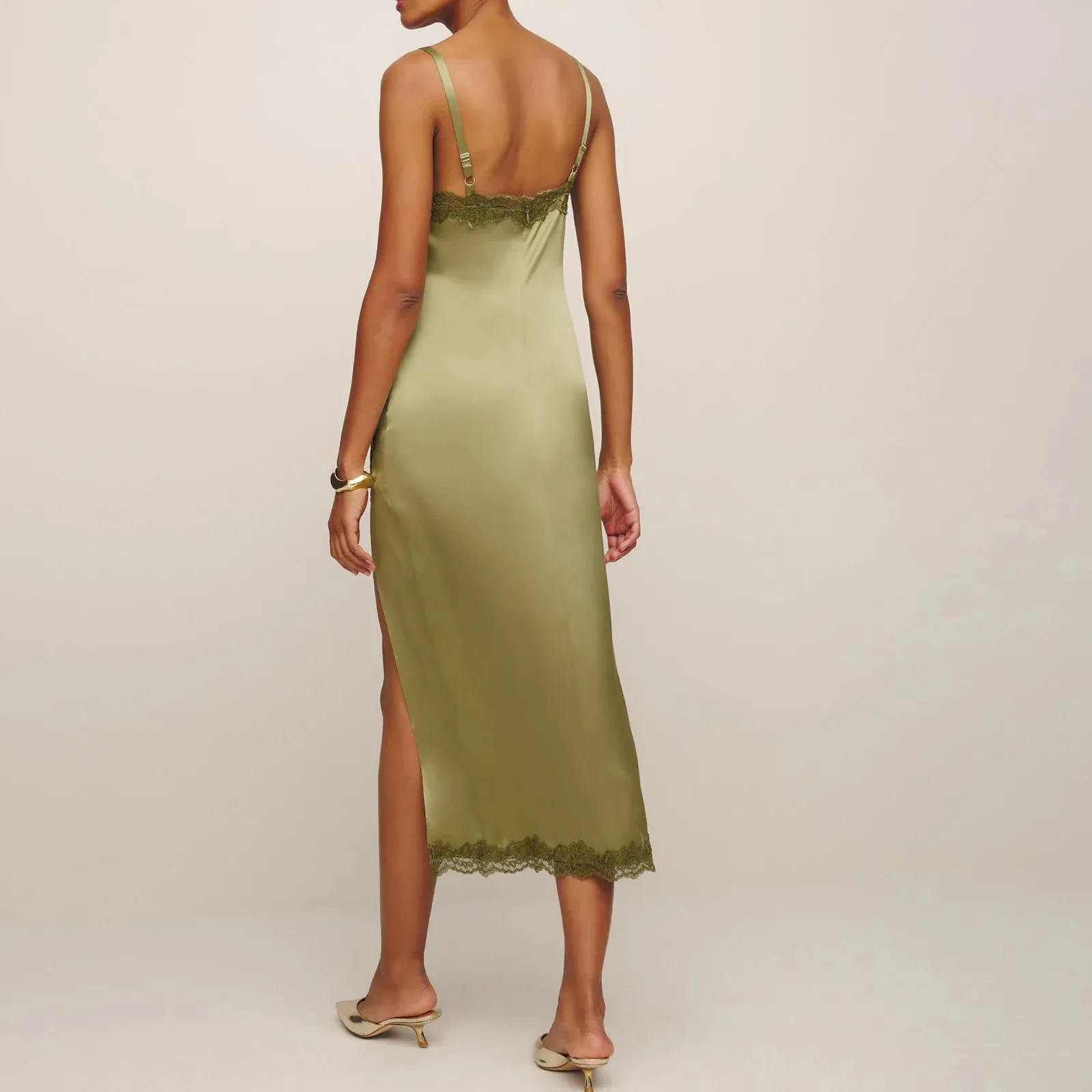 V Neck Silk Lace Patchwork Sleeveless Backless Split Summer Sexy Dress